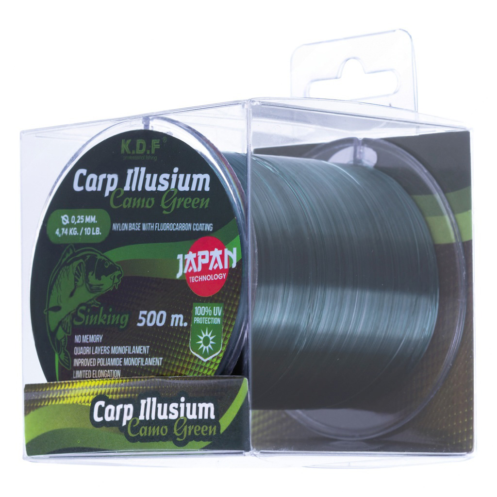 KDF-Carp-Illusium-Camo-Green-Fluorocarbon-Coated-Fishing-Line-500m-Cover نخ ماهیگیری کپوری کایدا Carp Illusium سبز استتاری