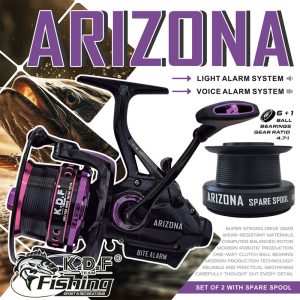 چرخ ماهیگیری کایدا Arizona سایز 4000 تا 7000 | دارای بازر قابل تعویض و بایت رانر 1 چرخ ماهیگیری کایدا Arizona مجهز به بایت رانر + اسپول اضافه